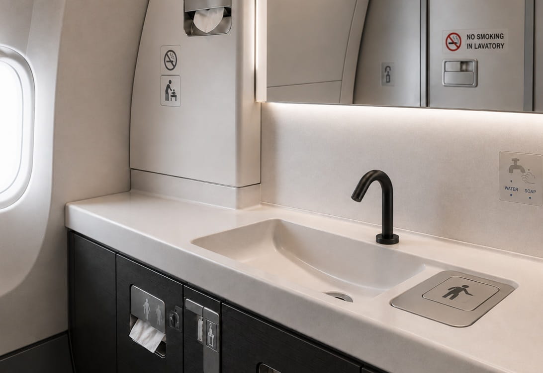 Time-of-Flight faucet sensor diagram showing hands detected in a narrow distance zone